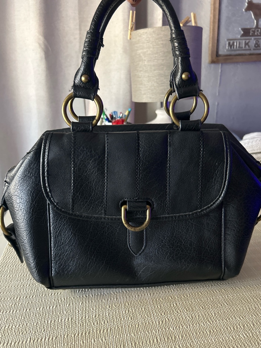 FRYE AND CO. Black Leather Satchel with Antiqued Gold Hardware